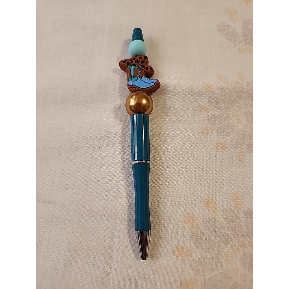 Bead Pen Blue & Brown Gold Cowgirl Boot Silicone Beads